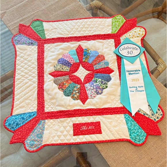 Handmade Other - Handmade Quilted Patchwork Floral Table Runner Red White Multi Dresden Plate